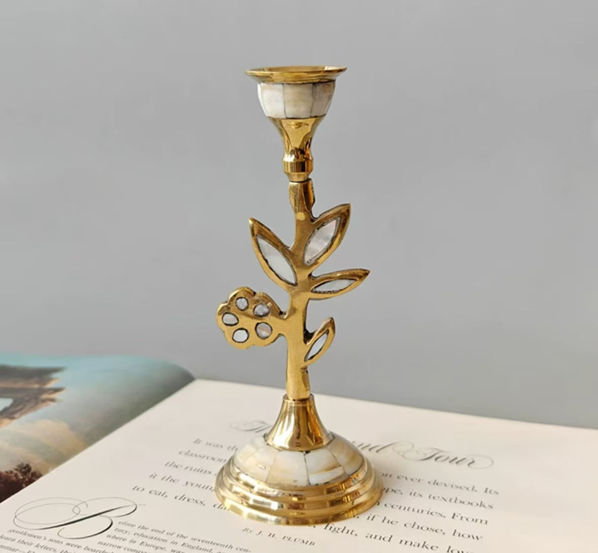 Brass inlaid shell vintage candle holder