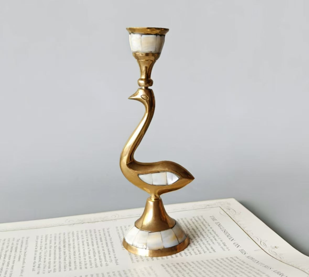 Brass inlaid shell vintage candle holder