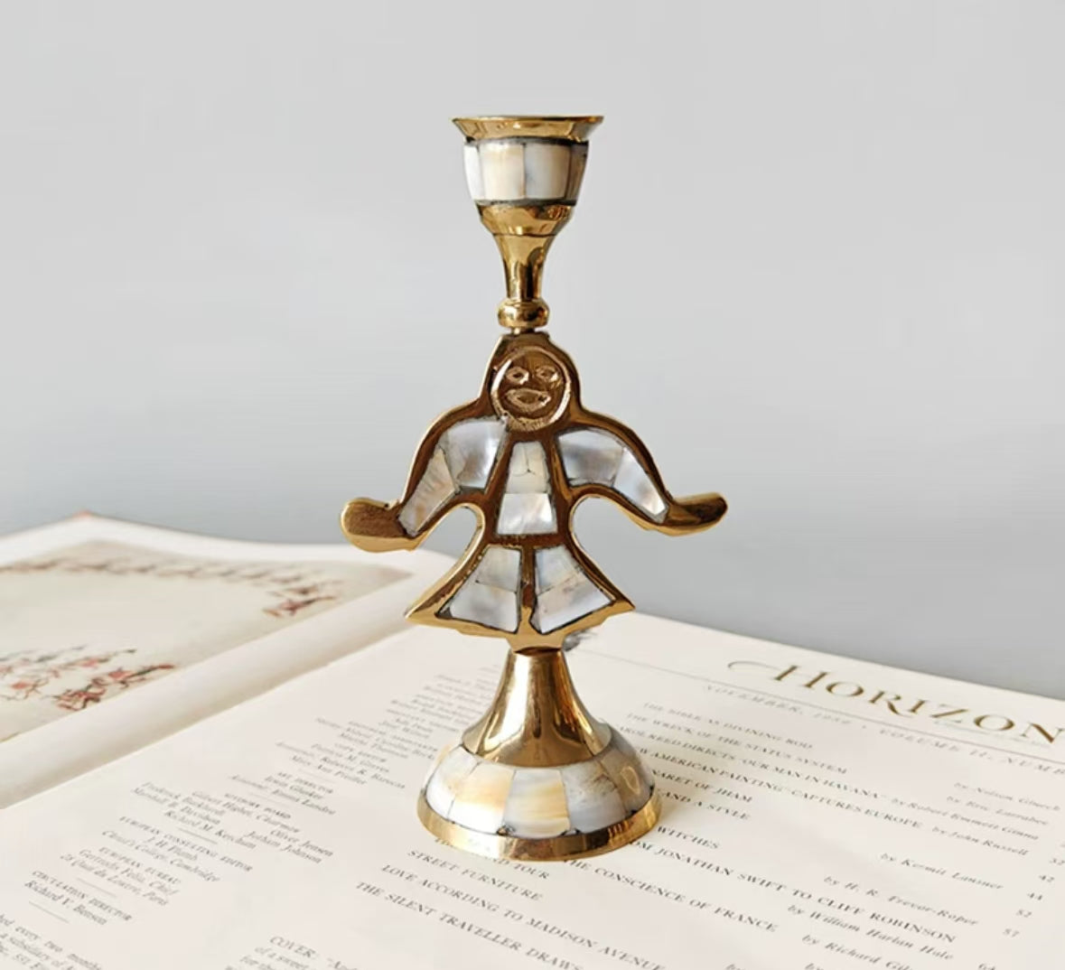 Brass inlaid shell vintage candle holder