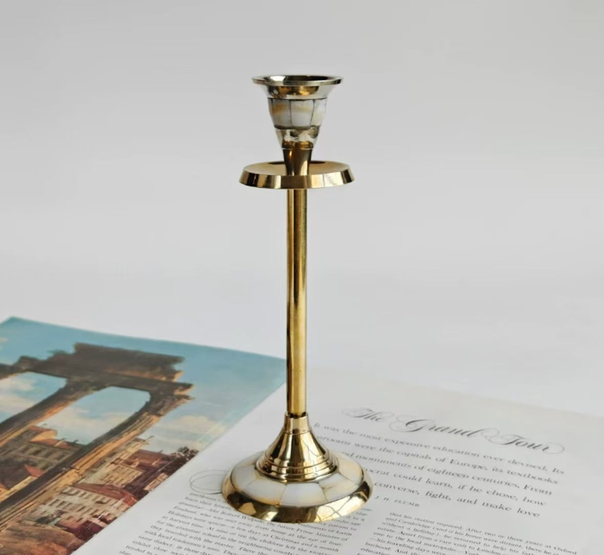 Brass inlaid shell vintage candle holder