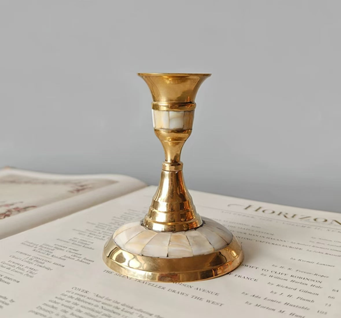 Brass inlaid shell vintage candle holder