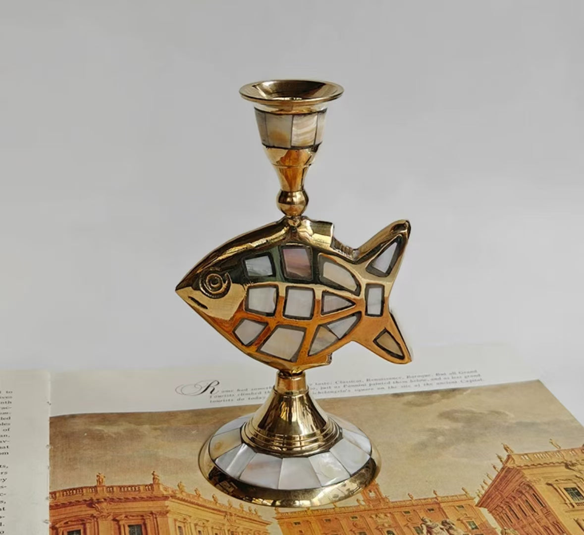 Brass inlaid shell vintage candle holder