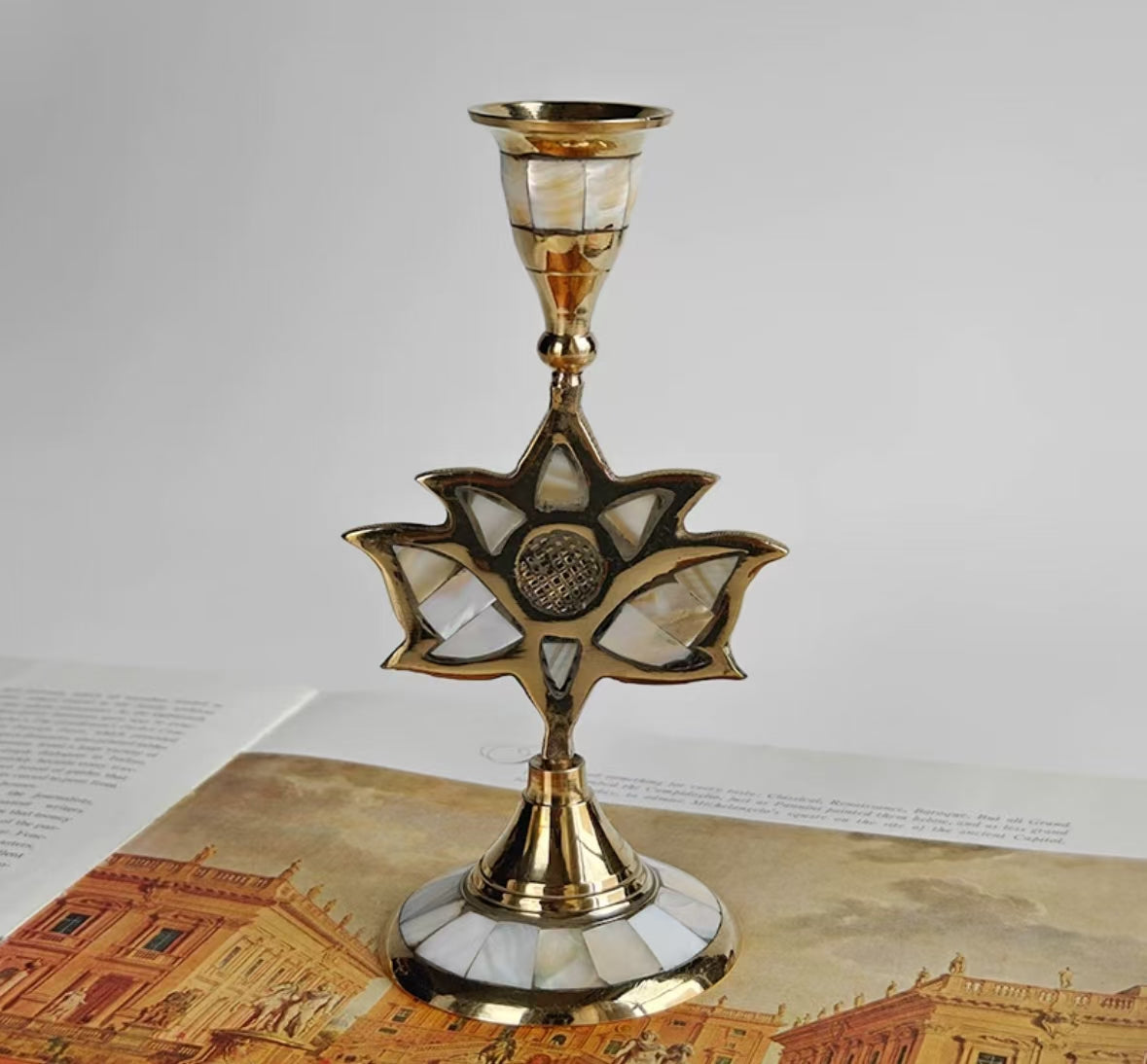 Brass inlaid shell vintage candle holder