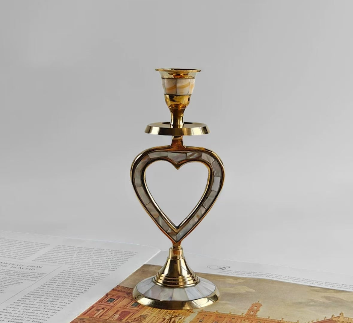 Brass inlaid shell vintage candle holder