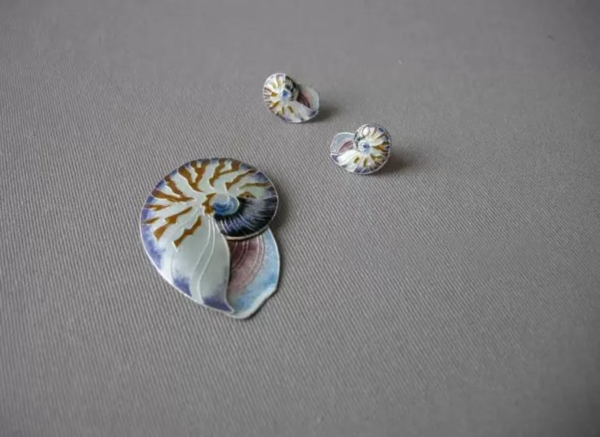 Enamel shell brooch & earrings