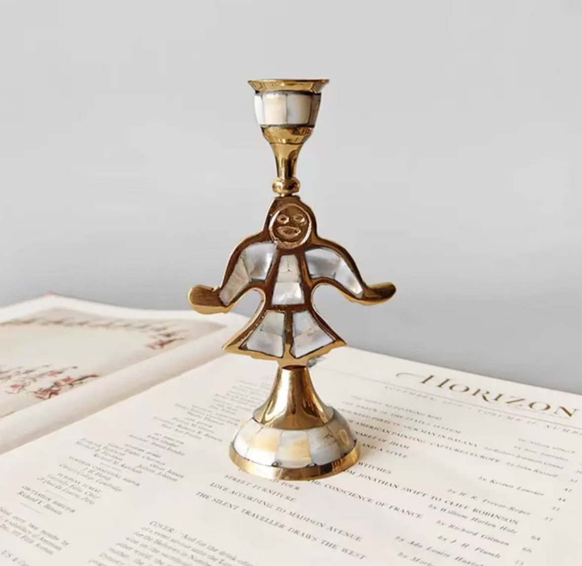 Lady Shape-Brass inlaid shell vintage candle holder