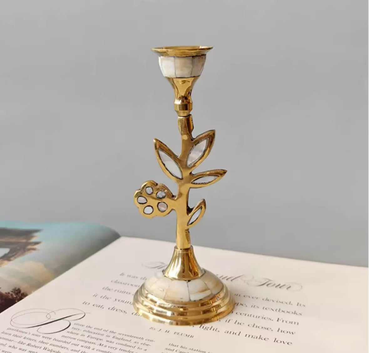 Flower Shape-Brass inlaid shell vintage candle holder