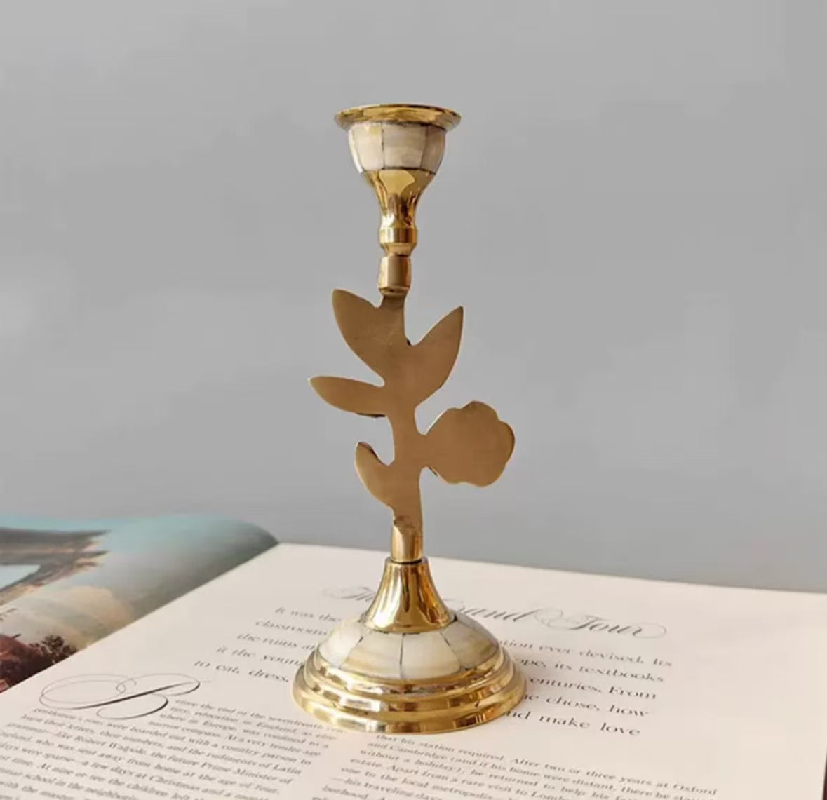 Flower Shape-Brass inlaid shell vintage candle holder