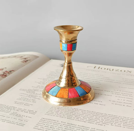 Colorful simple shape-Brass inlaid Yak bone vintage candle holder