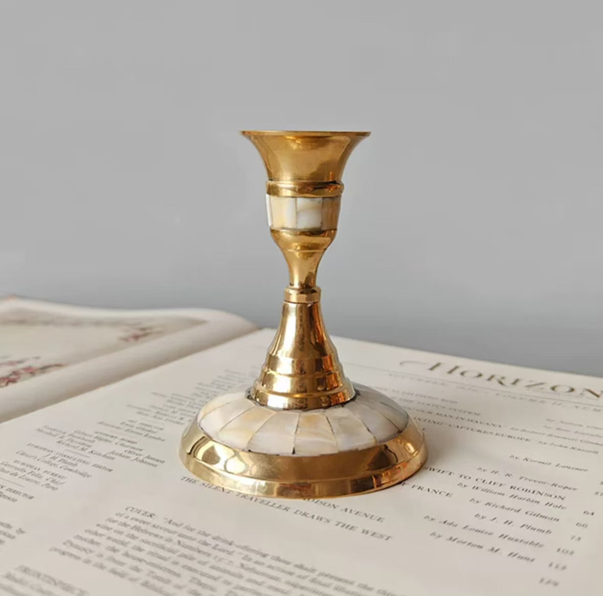 Simple Shape-Brass inlaid shell vintage candle holder