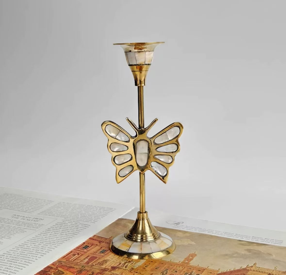 Butterfly Shape-Brass inlaid shell vintage candle holder