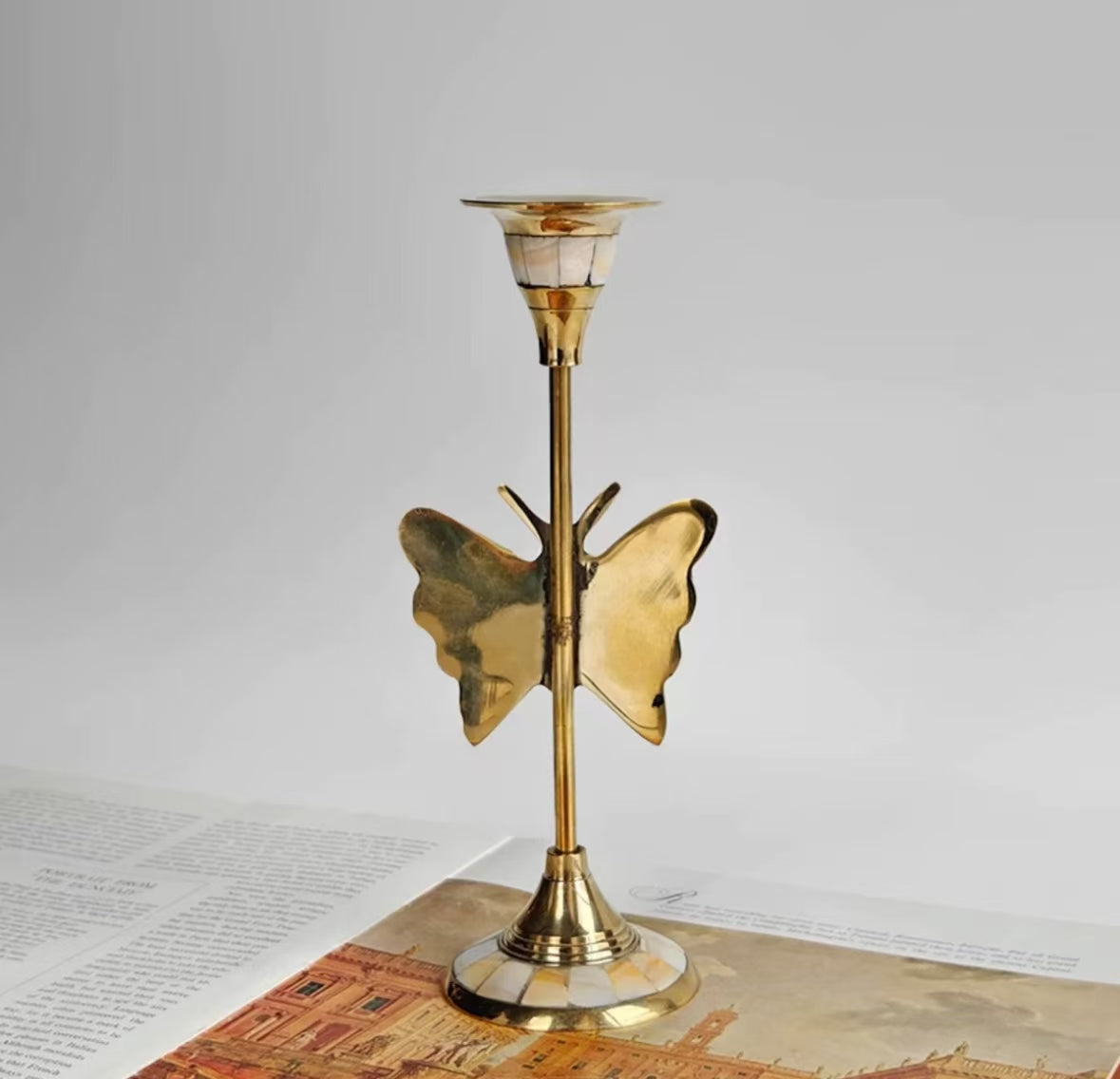 Butterfly Shape-Brass inlaid shell vintage candle holder