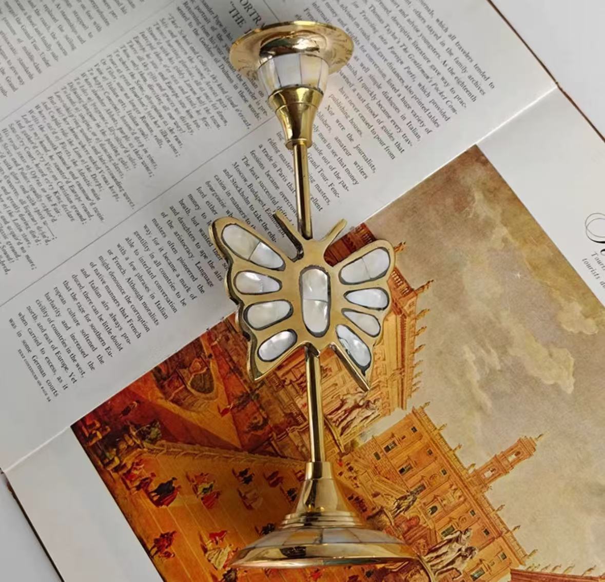 Butterfly Shape-Brass inlaid shell vintage candle holder