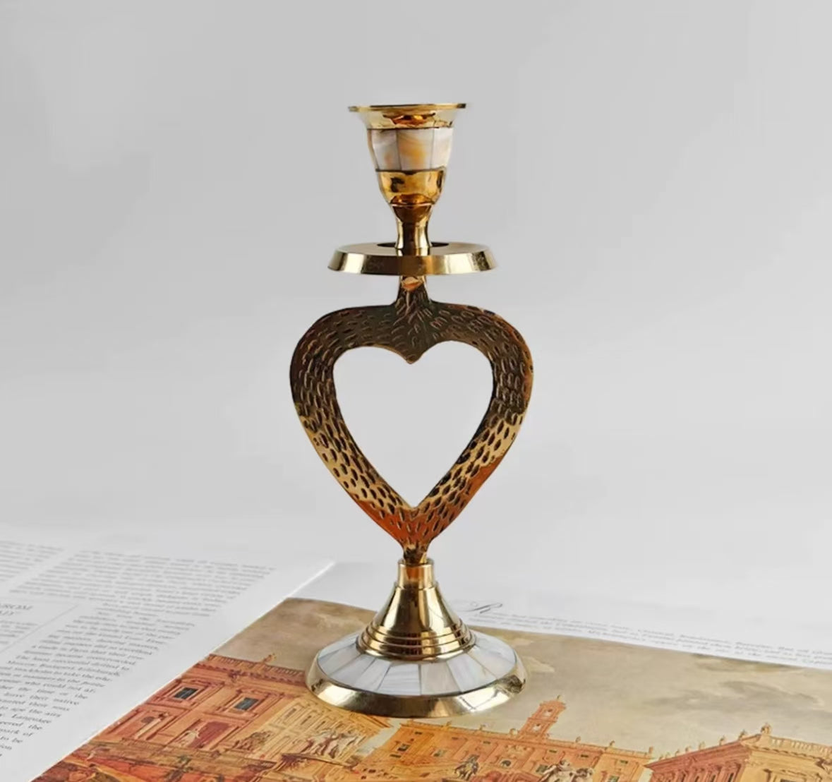 Heart Shape-Brass inlaid shell vintage candle holder