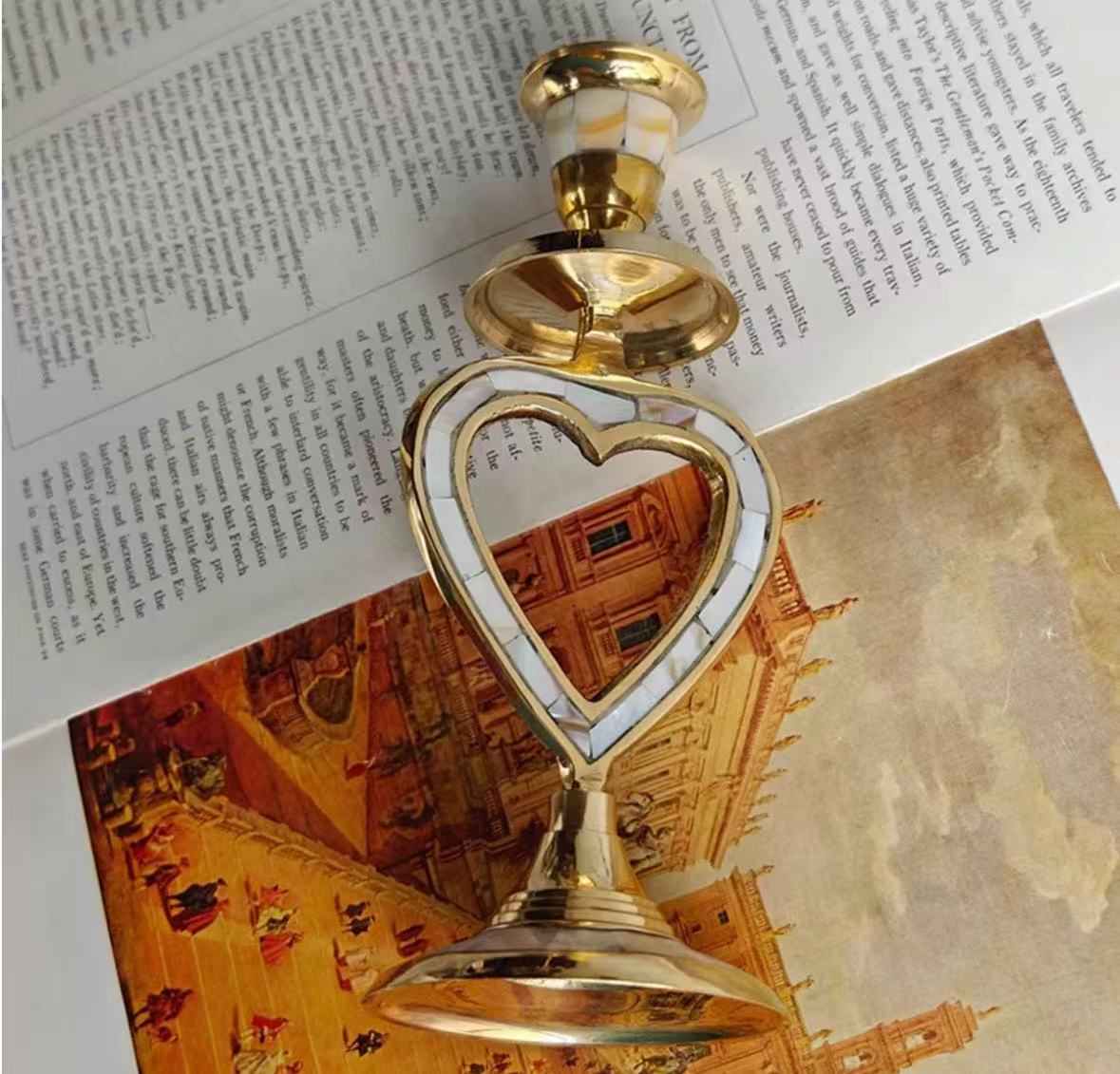 Heart Shape-Brass inlaid shell vintage candle holder